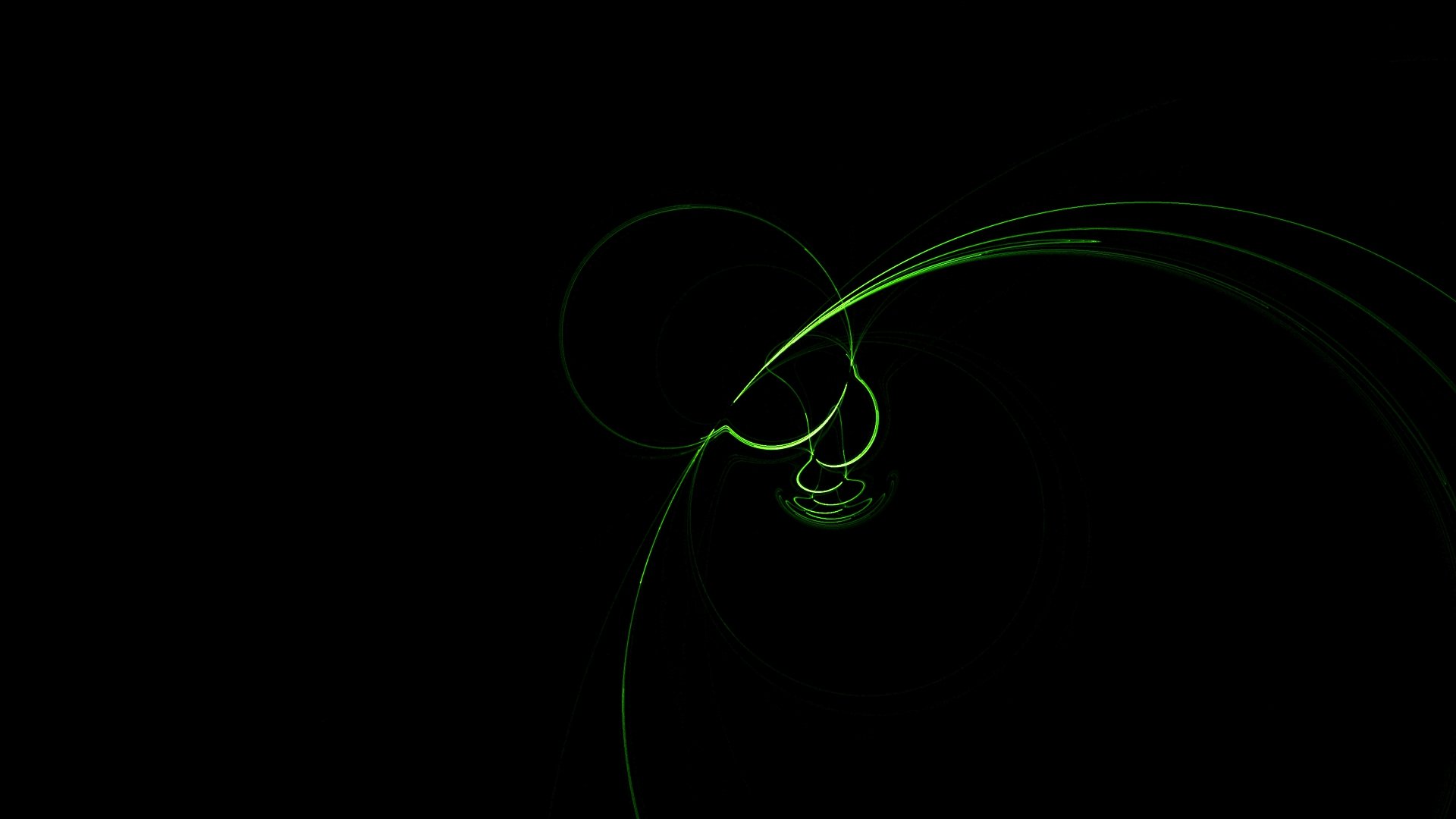 Abstract green lines and curves flowing gracefully on a black background, creating an HD PC desktop wallpaper with a sleek, modern feel.