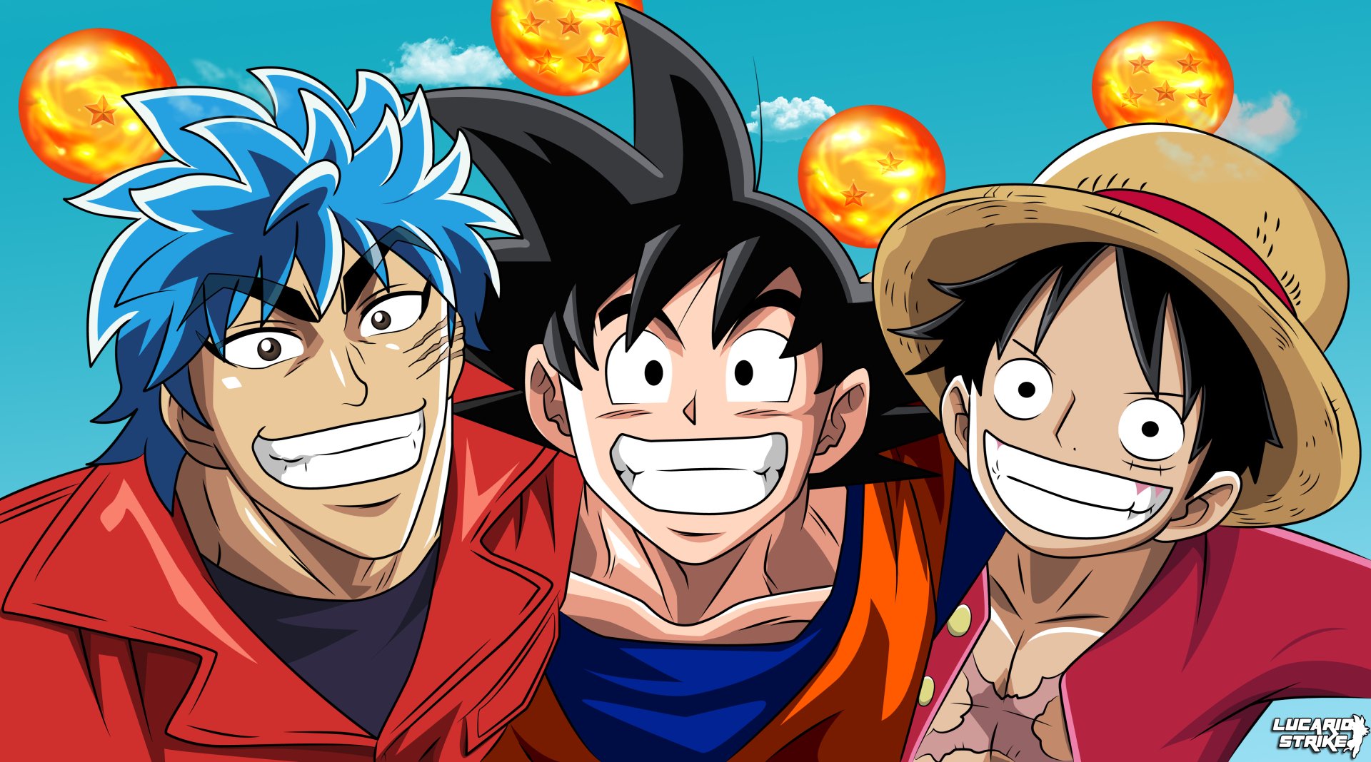Anime crossover 4K Ultra HD PC desktop wallpaper: Toriko, Goku and Luffy smiling shoulder-to-shoulder under a bright blue sky dotted with glowing Dragon Balls.