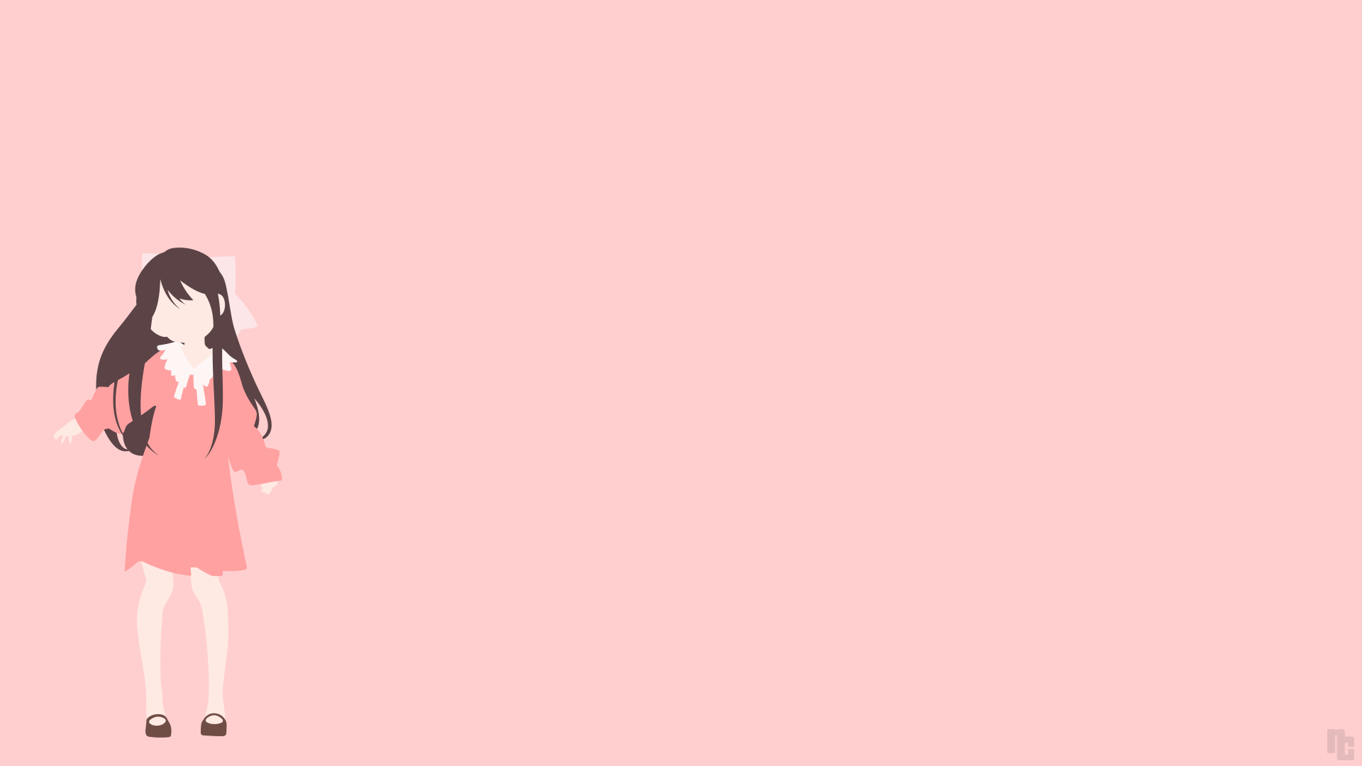 4K Ultra HD PC desktop wallpaper: minimalist anime image of Rin (Shelter) — a girl in a pink dress with a backpack standing at left against a wide pale-pink background.