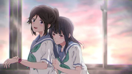 Mizore Yoroizuka and Nozomi Kasaki from the anime Sound! Euphonium share a moment together against a beautiful sunset backdrop in this HD desktop wallpaper.
