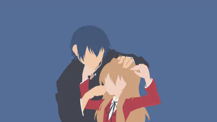 Minimalist 4K Toradora! wallpaper showing Ryuuji Takasu gently ruffling Taiga Aisaka's hair against a plain blue background.