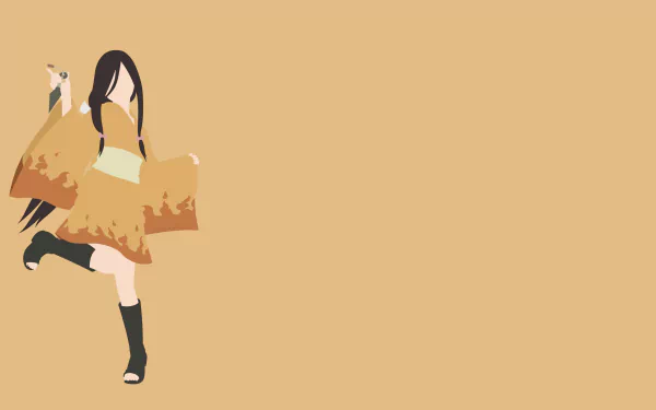 Minimalist 4K Ultra HD PC desktop wallpaper of Hanabi Hyûga from Naruto: stylized anime depiction in a tan-orange outfit and black boots, dynamic kick pose on a beige background.