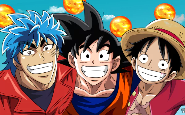 Anime crossover 4K Ultra HD PC desktop wallpaper: Toriko, Goku and Luffy smiling shoulder-to-shoulder under a bright blue sky dotted with glowing Dragon Balls.