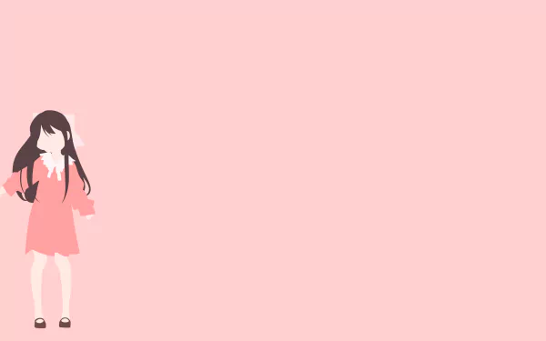 4K Ultra HD PC desktop wallpaper: minimalist anime image of Rin (Shelter) — a girl in a pink dress with a backpack standing at left against a wide pale-pink background.