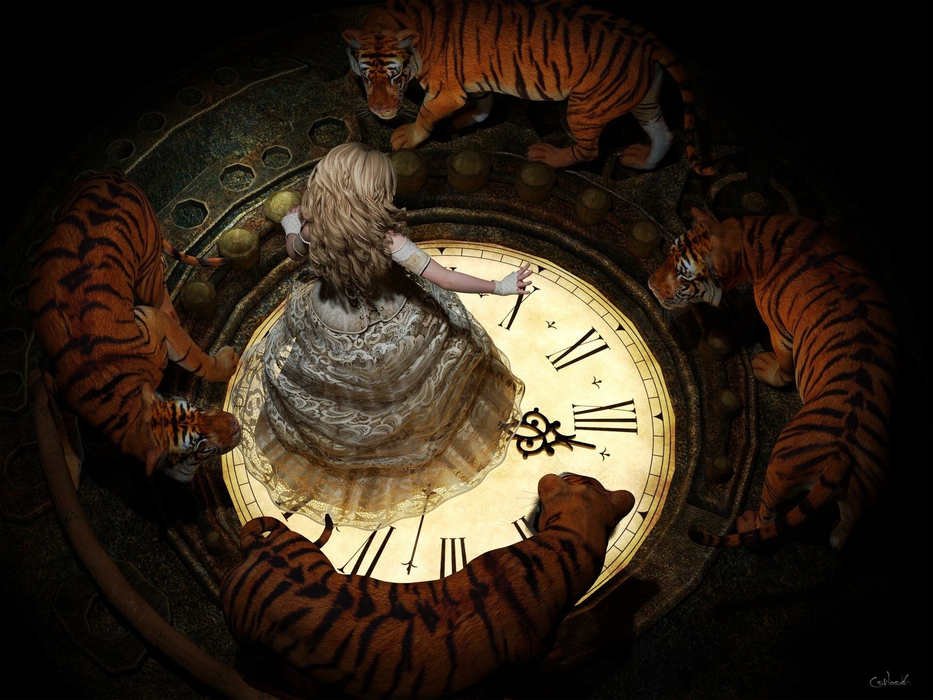 Animal 1 hour. Тигр и девушка. Животное и часы. Тигрицы ходят по кругу. Тигр арт фэнтези.