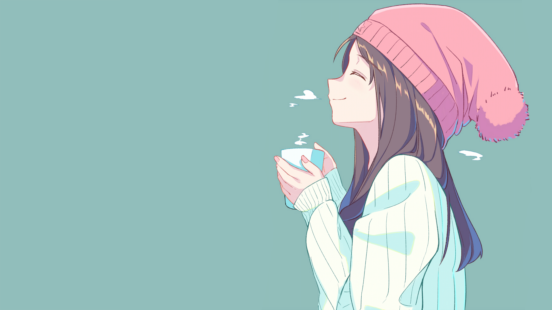Anime girl in a pink hat enjoying a steaming cup of tea, set against a teal background. This HD wallpaper offers a cozy and serene vibe for any desktop.