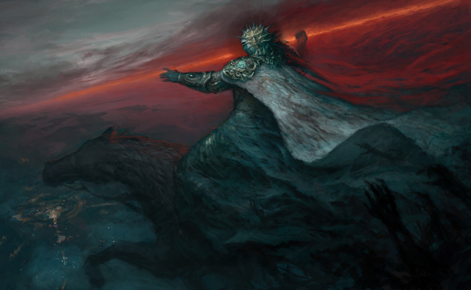 A dark necromancer in a flowing cloak summons spirits atop a horse under a stormy, ominous sky in this 4K Ultra HD fantasy sorcerer desktop wallpaper.