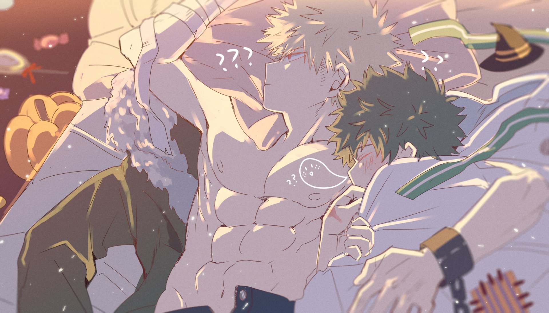 HD anime wallpaper featuring Izuku Midoriya and Katsuki Bakugou from My Hero Academia, depicting a calm moment with soft lighting and detailed character art.