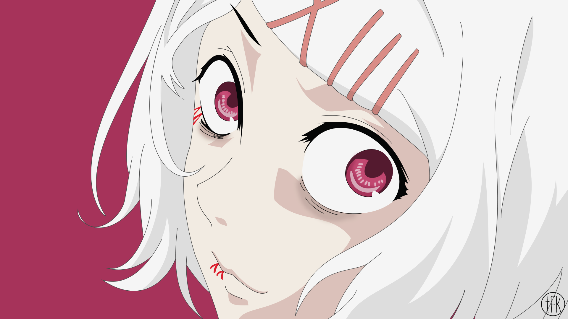HD anime desktop wallpaper featuring Juuzou Suzuya from Tokyo Ghoul with striking white hair and vivid pink eyes.