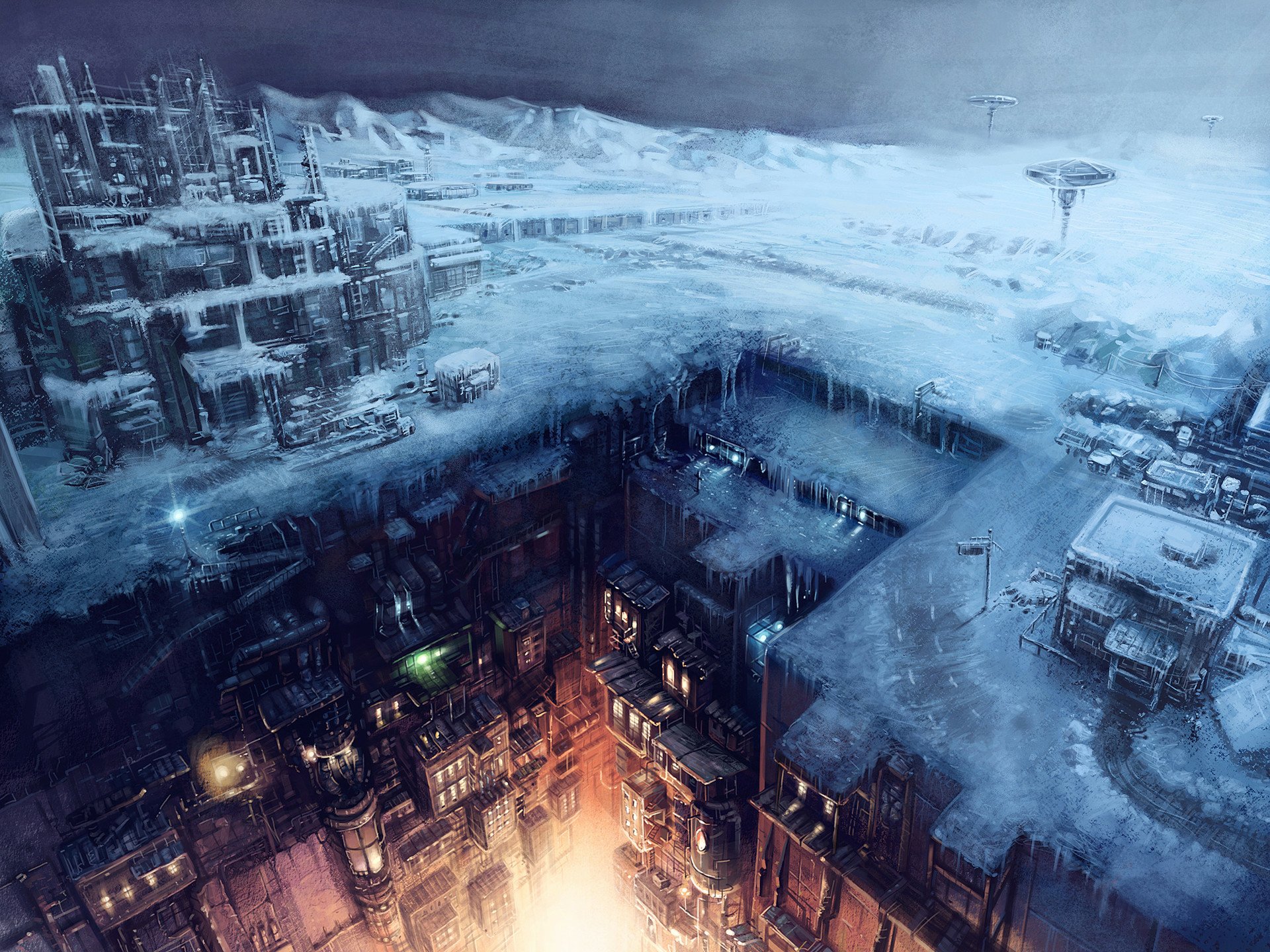 HD desktop wallpaper of a sci-fi city featuring a stark contrast between an underground metropolis bathed in artificial light and the snowy, desolate surface above.
