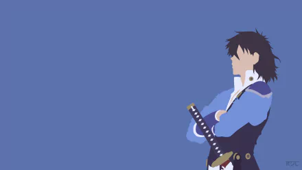 Minimalist 4K Ultra HD anime wallpaper of Kurusu from Kabaneri of the Iron Fortress, featuring his silhouette with a sword against a solid blue background.