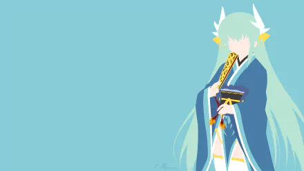 Minimalist HD anime wallpaper featuring Kiyohime with green hair from Fate/Grand Order’s Berserker class, set against a light blue background.