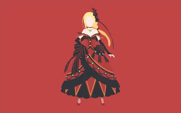 Minimalist 4K Ultra HD anime desktop wallpaper of Priscilla Barielle from Re:Zero - Starting Life in Another World: stylized silhouette in red and black gown on muted red background.