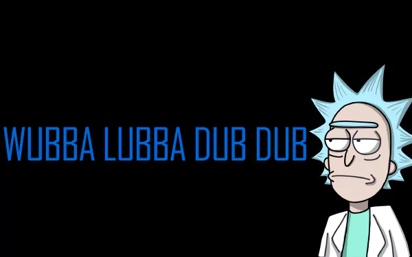 4K Ultra HD desktop wallpaper featuring Rick Sanchez from the TV show Rick and Morty with the phrase WUBBA LUBBA DUB DUB on a black background.