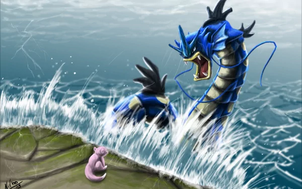 A captivating HD wallpaper featuring Slowpoke and Gyarados from Pokémon, depicting an intense scene on the water's edge with crashing waves and vibrant colors.