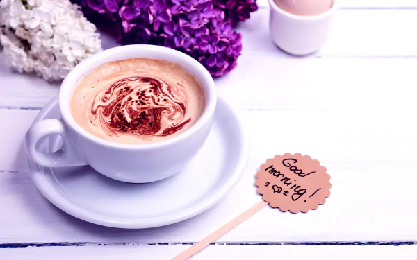 A close-up of a coffee cup with frothy swirls on a white wooden table, accompanied by purple and white flowers and a Good morning! sign, in 4K Ultra HD desktop wallpaper quality.