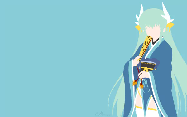 Minimalist HD anime wallpaper featuring Kiyohime with green hair from Fate/Grand Order’s Berserker class, set against a light blue background.