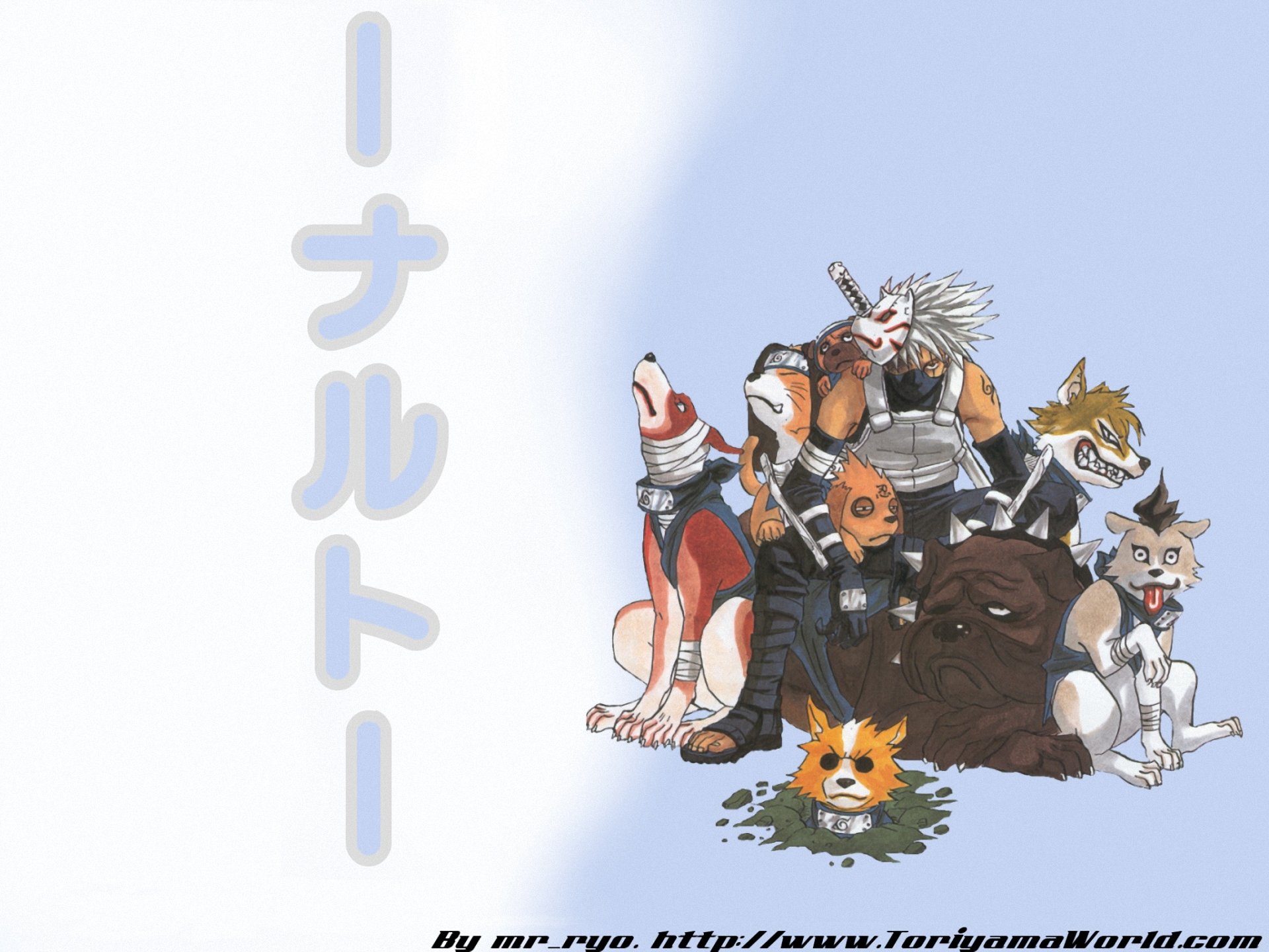A vibrant HD desktop wallpaper featuring Kakashi Hatake along with various characters from the Naruto anime, showcasing a dynamic and playful scene with dogs.