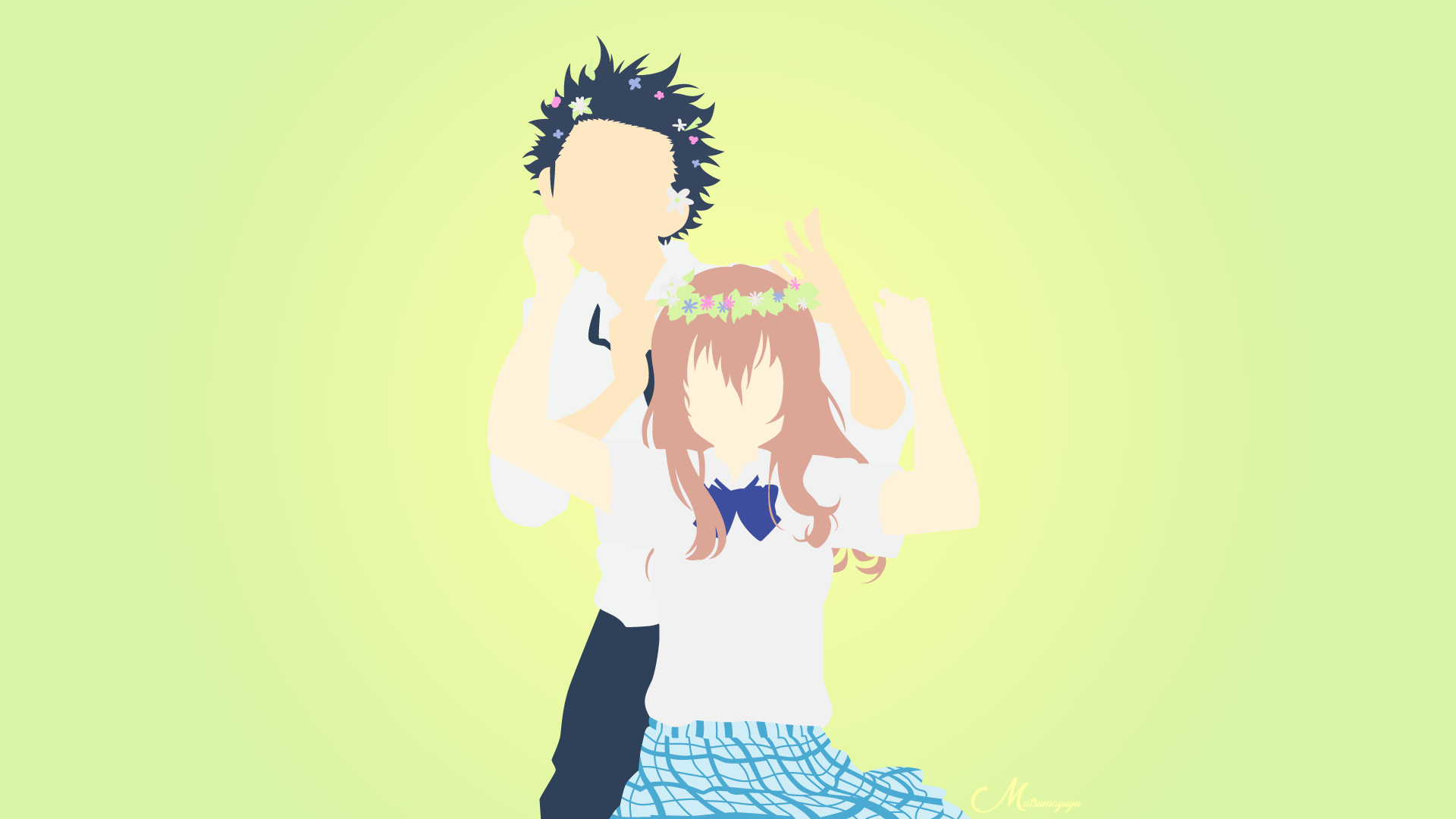 HD PC desktop wallpaper featuring stylized silhouettes of Shouya Ishida and Shouko Nishimiya from the anime A Silent Voice against a soft green background.