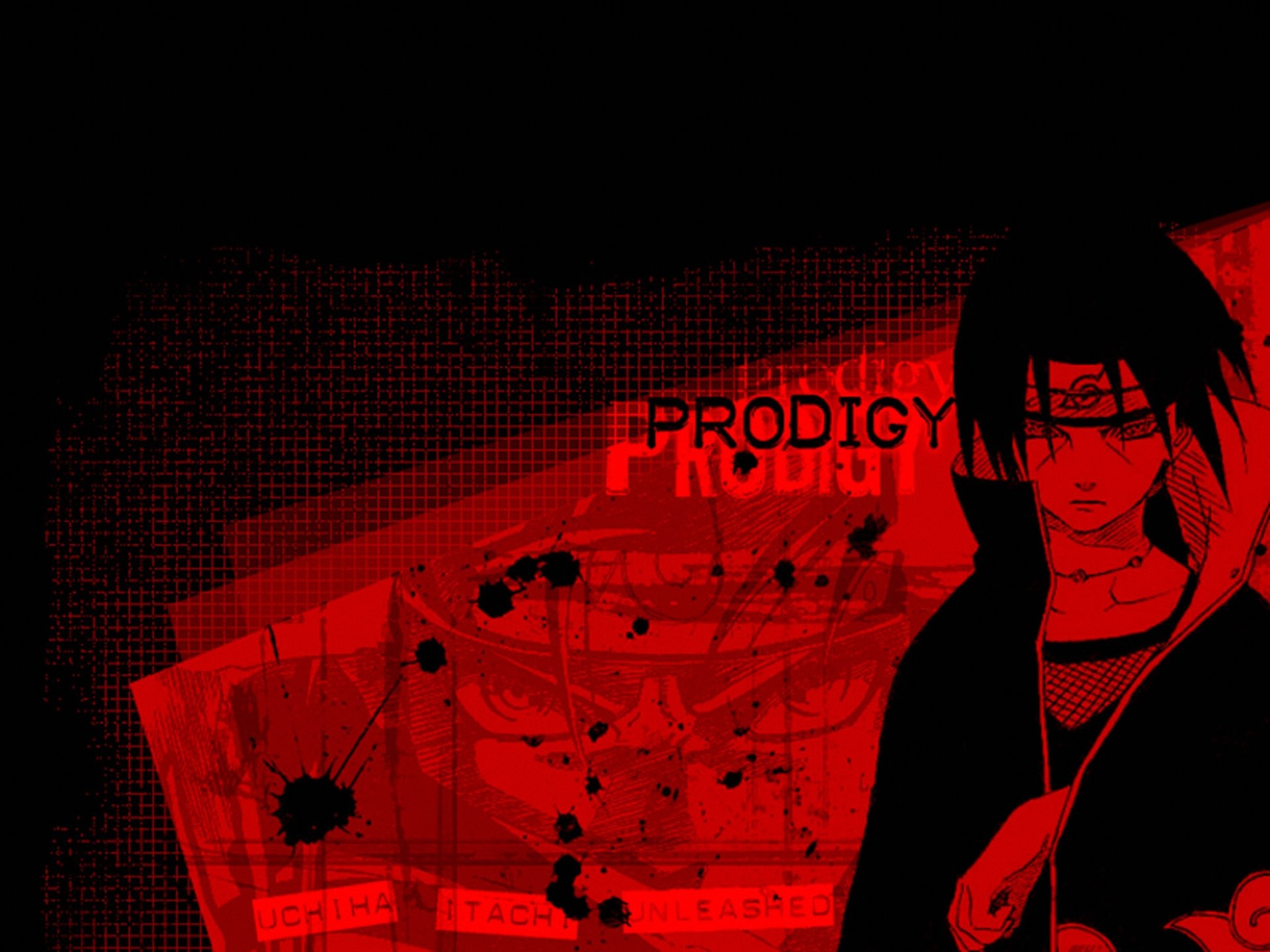 HD wallpaper featuring Itachi Uchiha from the anime Naruto. The design incorporates striking red tones and bold text, emphasizing his status as a prodigy.