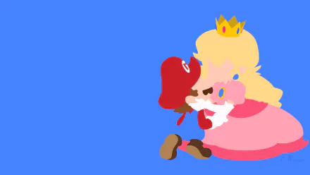 HD PC desktop wallpaper featuring Princess Peach and Mario from the video game series, depicted in a tender embrace against a solid blue background.