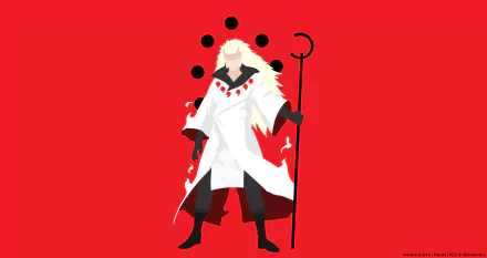Minimalist 8K Ultra HD anime wallpaper featuring Sage Madara Uchiha from Naruto, showcasing Uchiha Clan elements on a vibrant red background.