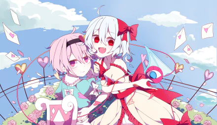 HD PC desktop wallpaper featuring anime characters Satori Komeiji and Remilia Scarlet from Touhou, set against a bright sky with playing cards and roses.