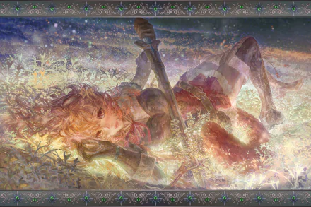 HD PC desktop wallpaper featuring Raphtalia from the anime The Rising of the Shield Hero, depicted lying amidst shimmering foliage with a sword.