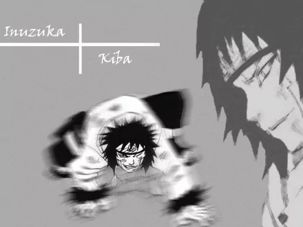HD wallpaper featuring Kiba Inuzuka from the anime Naruto, showcasing a dynamic design with blurred action and a striking monochrome aesthetic.