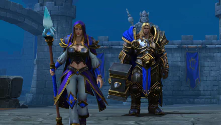 HD desktop wallpaper of Warcraft III: Reforged featuring two armored characters standing in a castle setting.