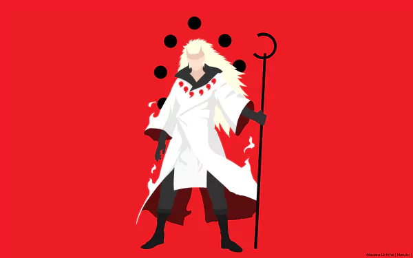 Minimalist 8K Ultra HD anime wallpaper featuring Sage Madara Uchiha from Naruto, showcasing Uchiha Clan elements on a vibrant red background.