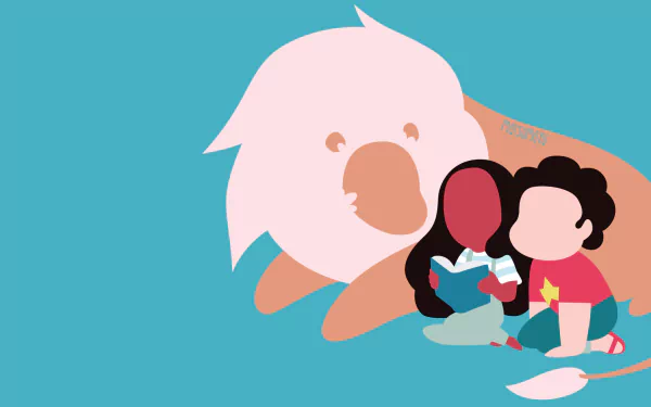HD PC desktop wallpaper from the TV show Steven Universe: Lion with Steven and Connie Maheswaran sitting together as Steven and Connie read a book on a teal background.