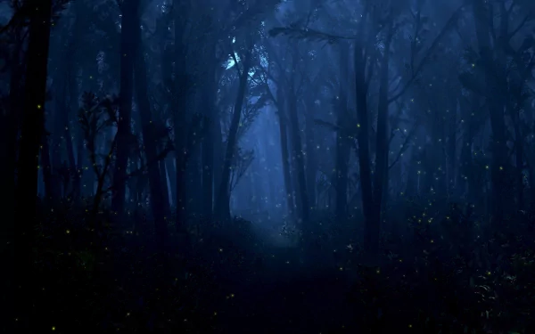 HD desktop wallpaper featuring a mystical, dark fantasy forest with dim blue light filtering through trees and scattered fireflies illuminating the night.