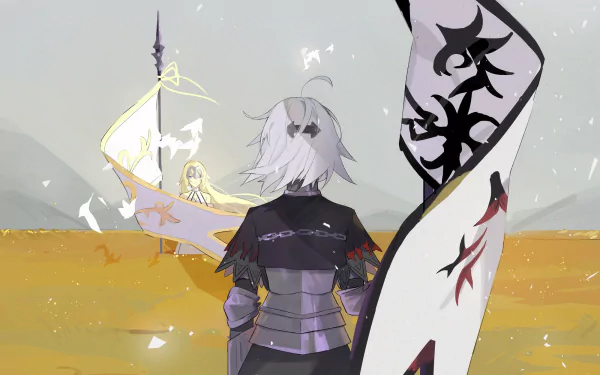 HD anime desktop wallpaper of Jeanne d'Arc and Jeanne d'Arc Alter (Ruler and Avenger) standing on a golden plain, armored with white/blonde hair, purple eyes, headpieces and fluttering flags.