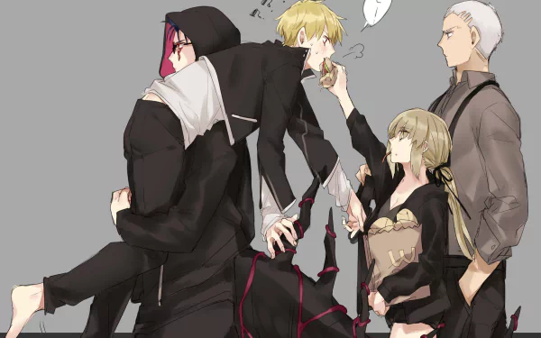 HD PC desktop wallpaper featuring Fate/Grand Order anime characters: Gilgamesh (Fate Series), Emiya Alter, Saber Alter and Cu Chulainn Alter standing together on a muted gray background.