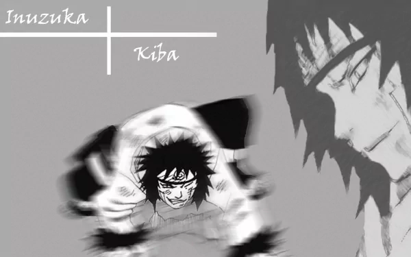 HD wallpaper featuring Kiba Inuzuka from the anime Naruto, showcasing a dynamic design with blurred action and a striking monochrome aesthetic.
