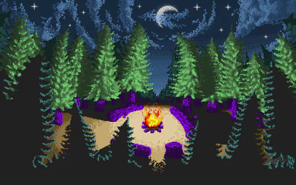 Pixel art depicting a serene campsite surrounded by lush trees, with a glowing campfire under a starry night sky and a crescent moon. A captivating 4K Ultra HD desktop wallpaper.