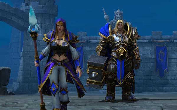 HD desktop wallpaper of Warcraft III: Reforged featuring two armored characters standing in a castle setting.