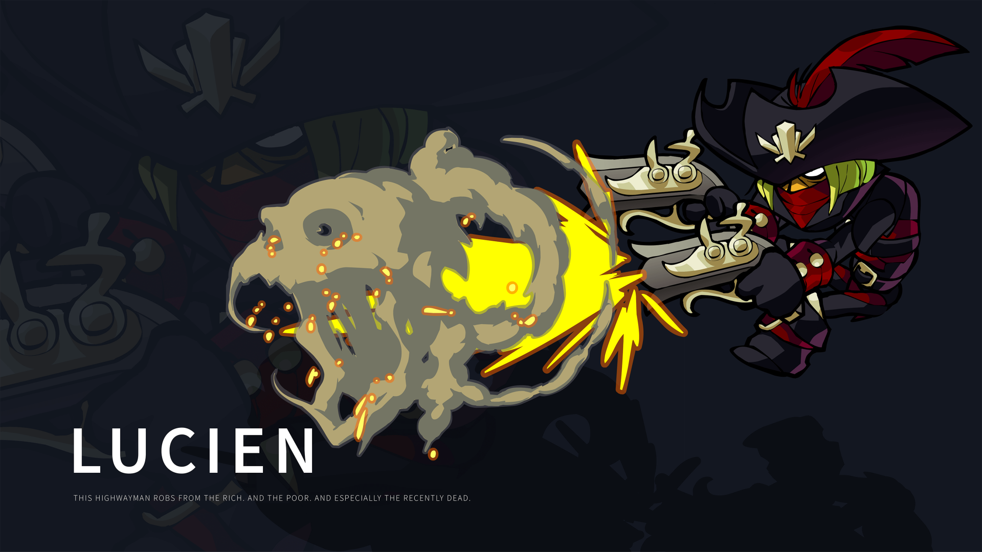 Lucien (Brawlhalla) firing twin pistols amid bright muzzle flashes on a dark, stylized video game 2K Quad HD PC desktop wallpaper/background.