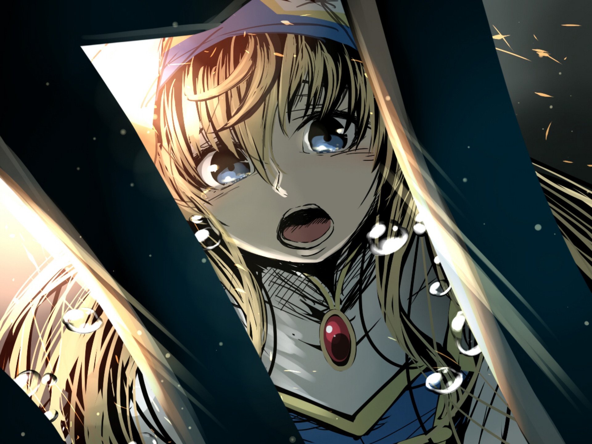 HD anime desktop wallpaper featuring Priestess from Goblin Slayer with a dramatic, intense expression framed by dark metallic bars and glowing light effects.