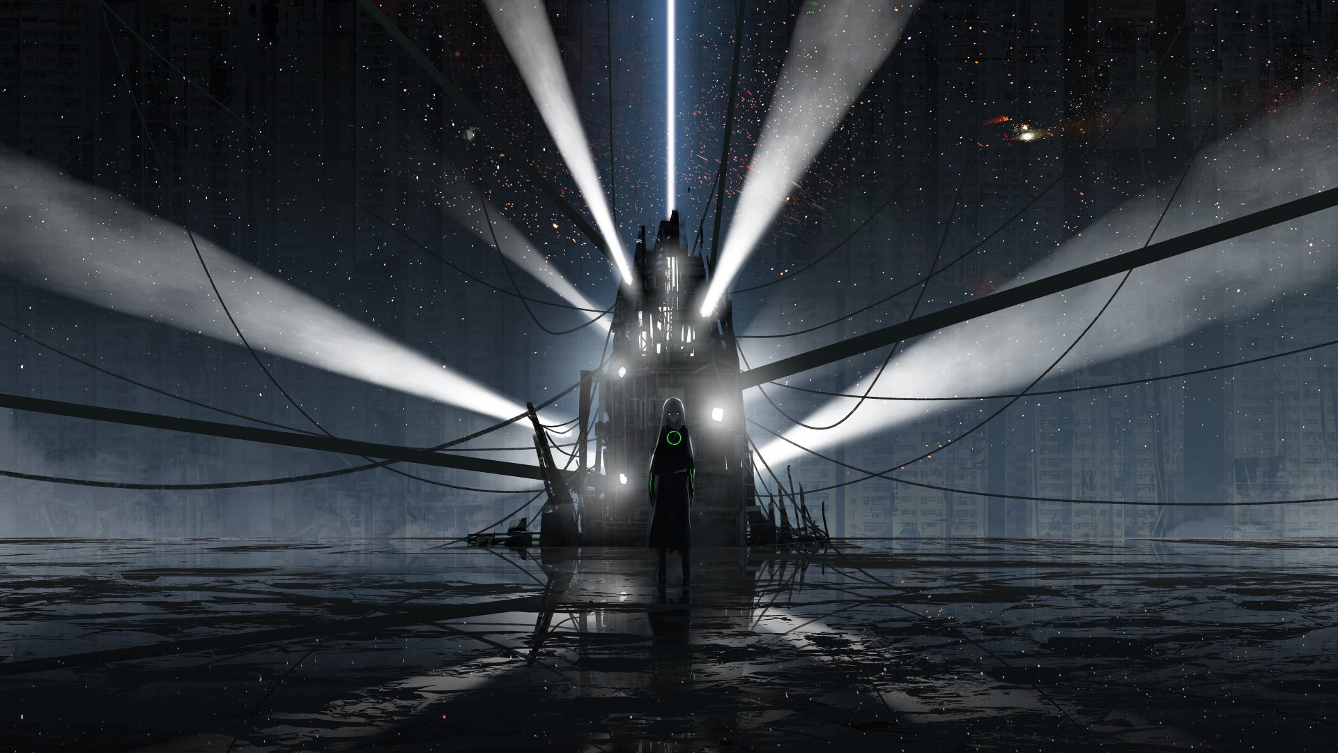 A sci-fi anime girl stands before a towering futuristic structure illuminated by beams of light in a dark, atmospheric 4K Ultra HD PC desktop wallpaper.