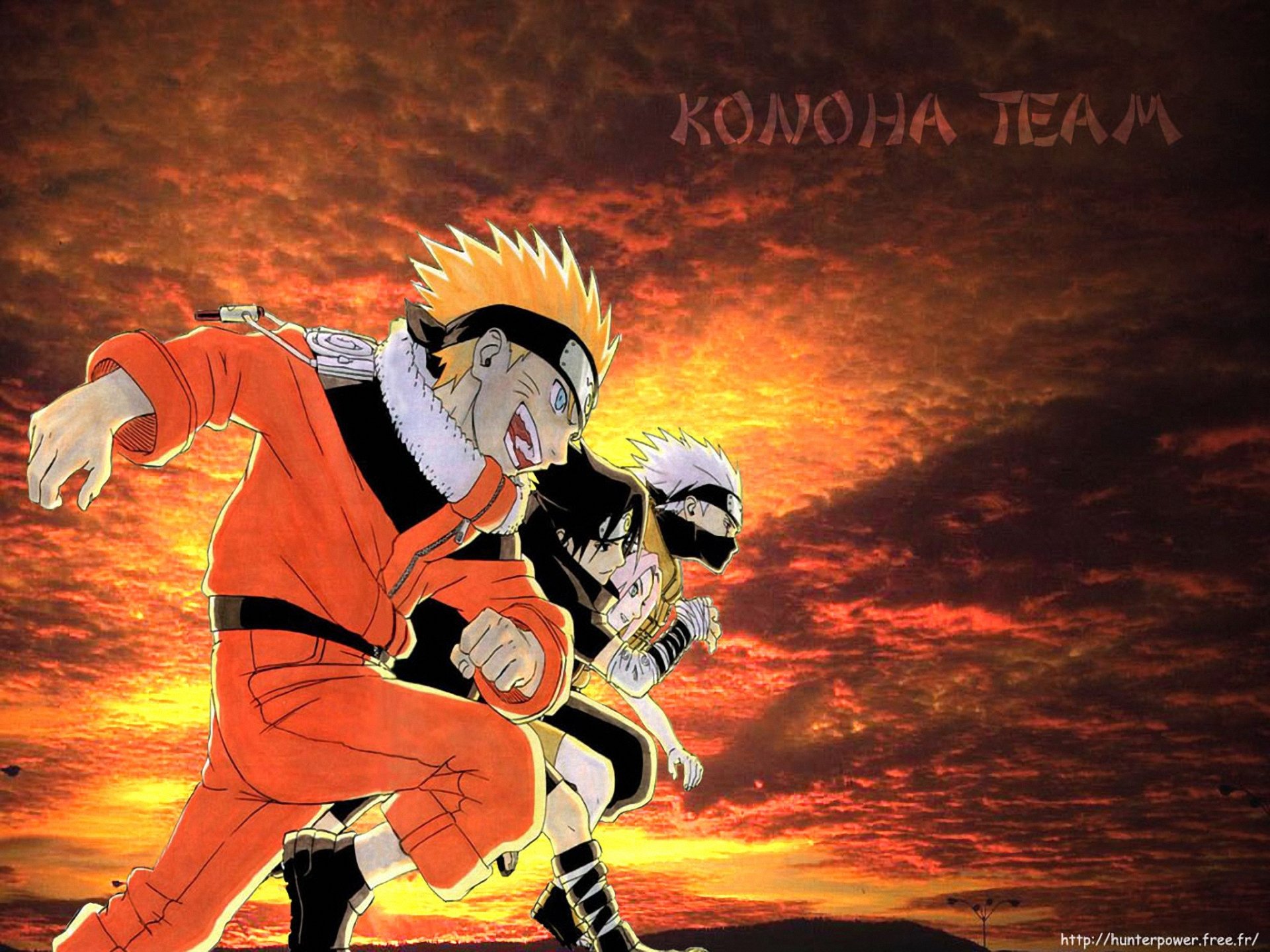A vibrant HD desktop wallpaper featuring Naruto Uzumaki, Sasuke Uchiha, Sakura Haruno, and Kakashi Hatake against a dramatic sunset backdrop, showcasing the iconic Konoha team from the anime Naruto.