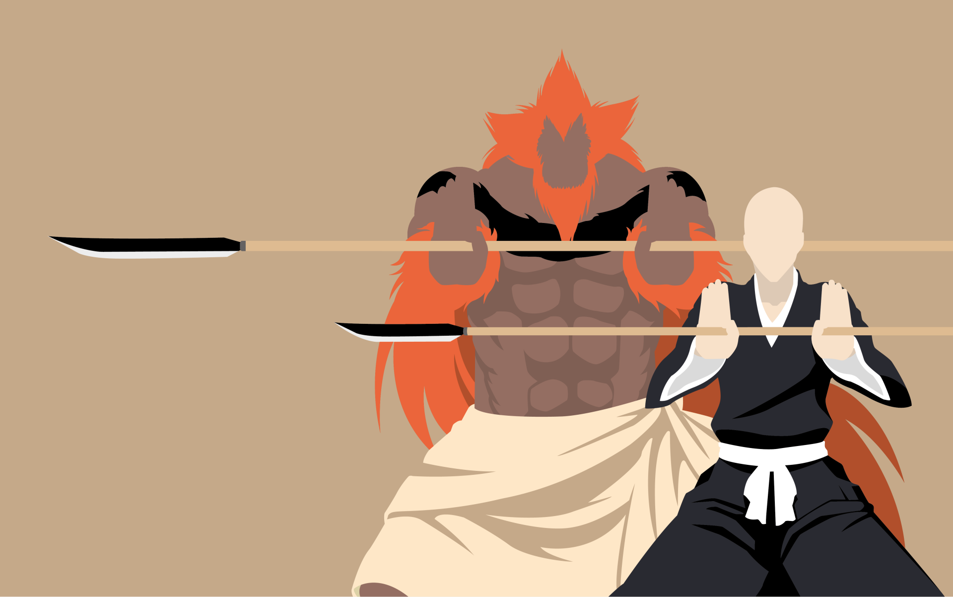 4K Bleach anime wallpaper of Ikkaku Madarame with his Hōzukimaru spirit—bald shinigami beside a red-orange armored silhouette and three floating blades.