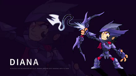 Diana from Brawlhalla in purple armor drawing a glowing bow, stylized video game 2K Quad HD PC desktop wallpaper/background.