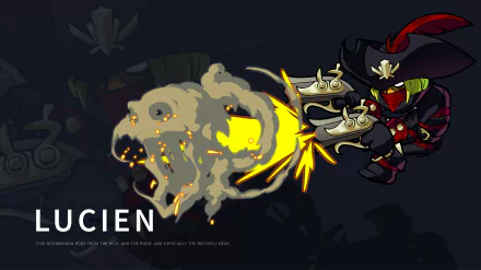 Lucien (Brawlhalla) firing twin pistols amid bright muzzle flashes on a dark, stylized video game 2K Quad HD PC desktop wallpaper/background.