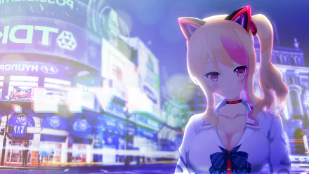 HD PC desktop wallpaper featuring Mochi Nekonoki, an anime-style Virtual YouTuber with cat ears and a vibrant cityscape background.