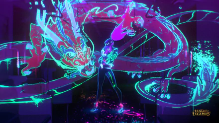 HD desktop wallpaper featuring Akali from League of Legends in a vibrant, neon art style with a dragon, as part of the K/DA video game universe. Akali wears a cap and vest, with the League of Legends logo.