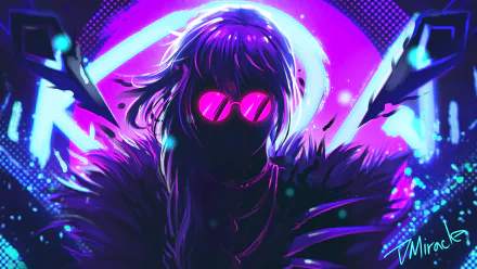 HD desktop wallpaper featuring Evelynn from League of Legends' K/DA, wearing sunglasses. The vibrant neon colors and dynamic design create a striking video game-themed background.
