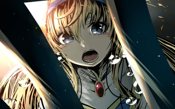 HD anime desktop wallpaper featuring Priestess from Goblin Slayer with a dramatic, intense expression framed by dark metallic bars and glowing light effects.