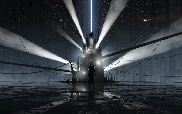 A sci-fi anime girl stands before a towering futuristic structure illuminated by beams of light in a dark, atmospheric 4K Ultra HD PC desktop wallpaper.